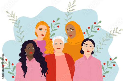 Multiethnic group of women. Poster with diverse female faces of different ethnicity.