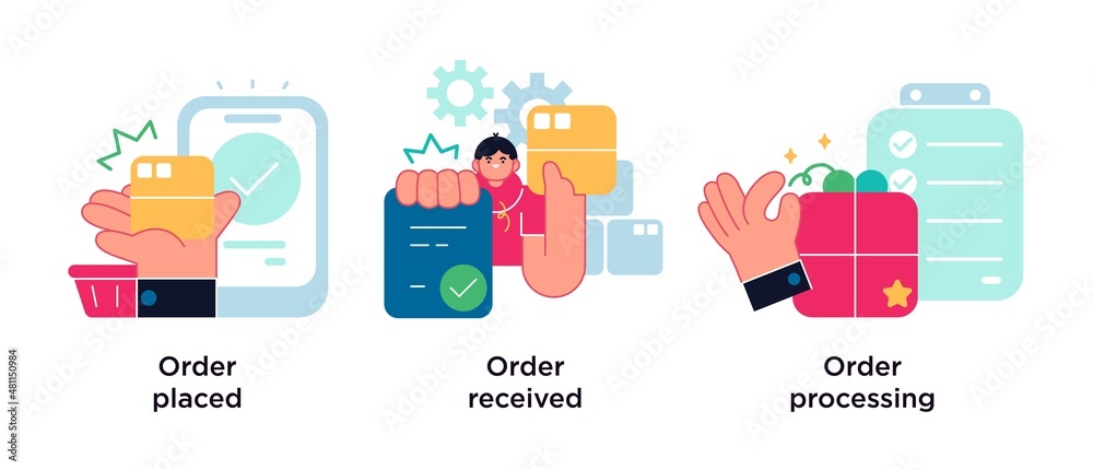 E-commerce shopping abstract concept vector illustration set. Order placed and received, order processing abstract metaphor. E-commerce shopping abstract concept vector illustration set. Order placed and received, order processing abstract metaphor.
