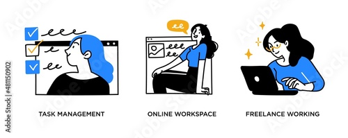 Personal productivity and task management- set of business concept illustrations. Freelance, efficiency, work rate, perfomance, time management.
