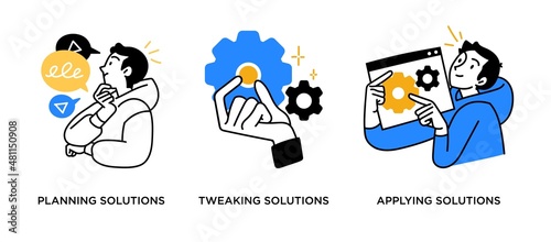 Solutions and difficult problem solving process - set of business concept illustrations. Smart work decision, planning tweaking and applying solution.