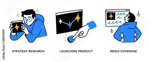 Launching project process - set of business concept illustrations Business startup, develop success strategy, media coverage