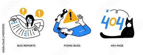 Website programming and testing - set of business concept illustrations. Bug fixing, reports.