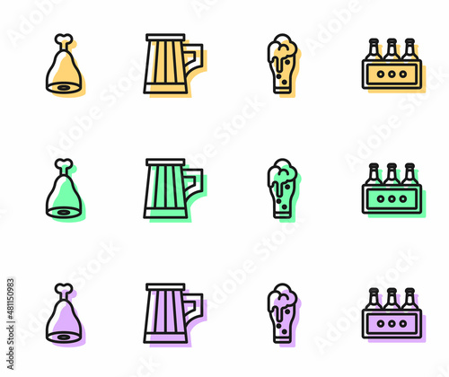 Set line Glass of beer, Chicken leg, Wooden mug and Pack bottles icon. Vector