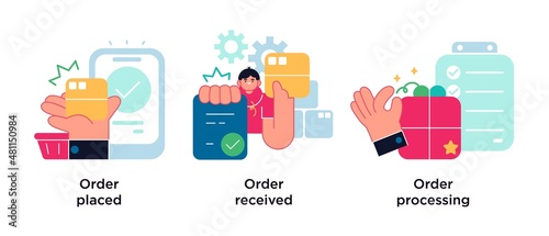 E-commerce shopping abstract concept vector illustration set. Order placed and received, order processing abstract metaphor.