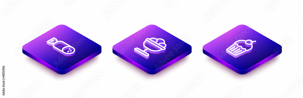 Set Isometric line Salami sausage, Ice cream in the bowl and Muffin icon. Vector