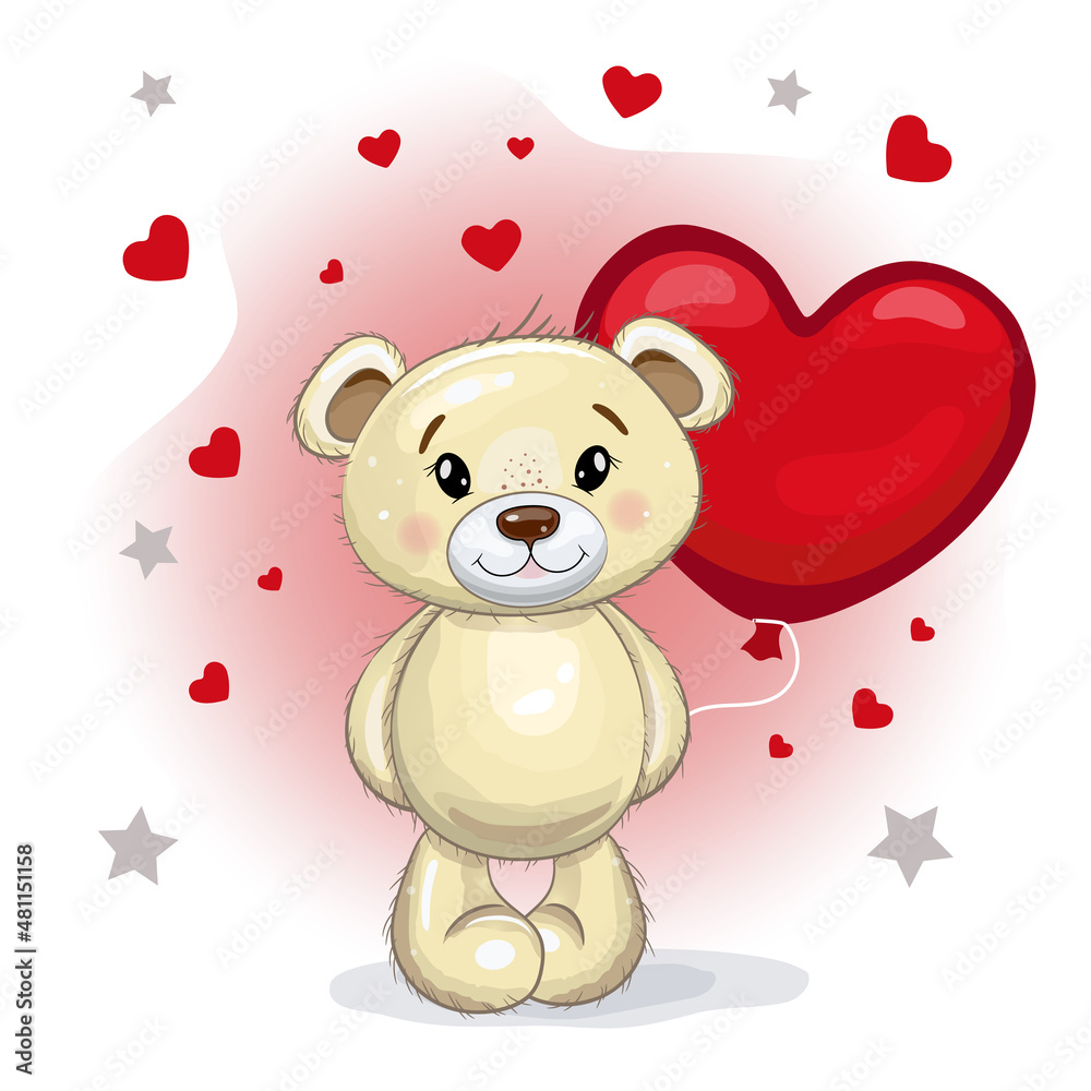 Cute teddy bear with a red balloon in the shape of a heart. Teddy bear on a pink background with hearts. Vector cartoon illustration for Valentine's day. Cute teddy bear with a red balloon in the shape of a heart. Teddy bear on a pink background with hearts. Vector cartoon illustration for Valentine's day.