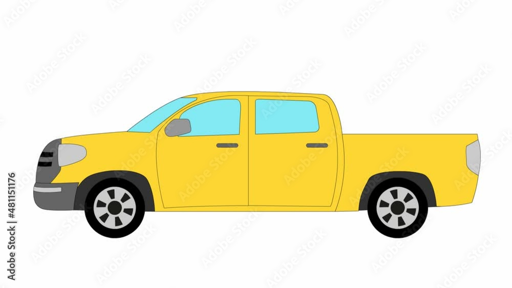 Animated yellow car. Pickup truck rides. Looped video. Bright flat vector illustration isolated on white background.