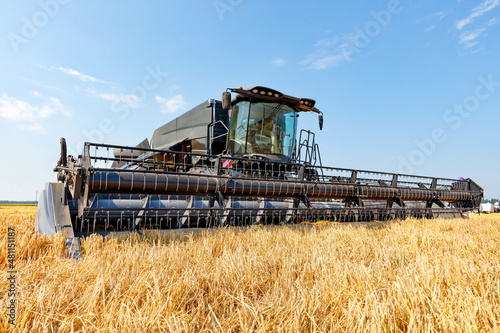 A large combine harvester against the background of a field of ripe wheat on a bright sunny day.