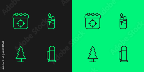 Set line Thermos container, Tree, Target sport and Lighter icon. Vector