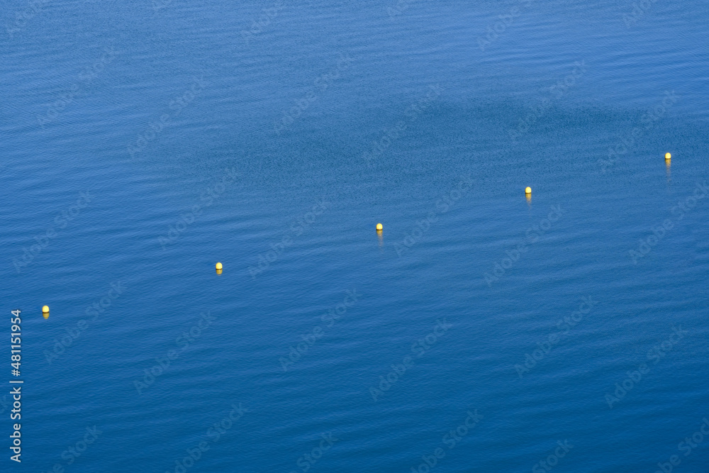 line of yellow buoys in the water