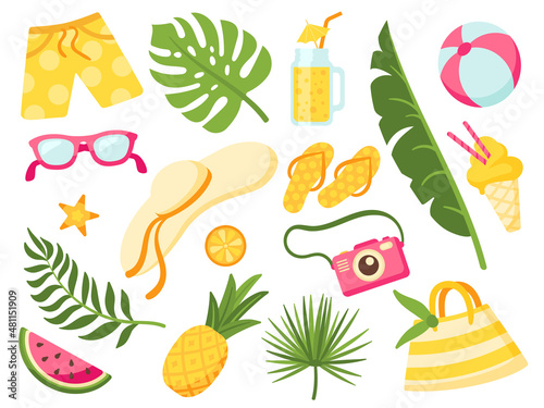 Tropical summer elements collection. Lemonade jar  pool party icons. Juicy fruits and beach travel stuff. Exotic leaves  pineapple neat vector set