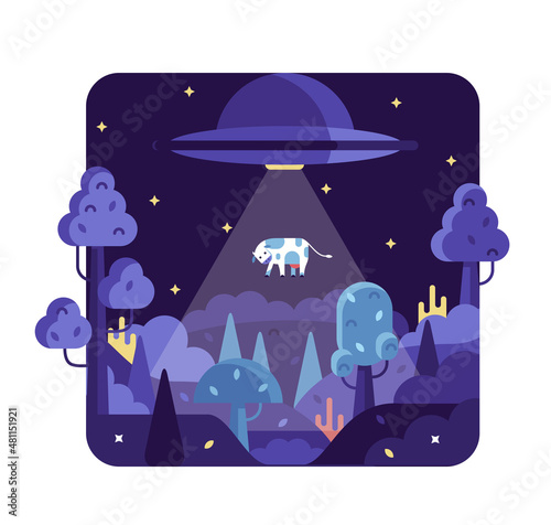 UFO lifts a cow into a flying sauser, vector flat cartoon illustration. Vector illustration
