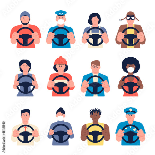 Driver characters. Police, bus and taxi drivers avatars. Truck and cars driving, man woman behind wheel. Safe transportation service, recent vector set
