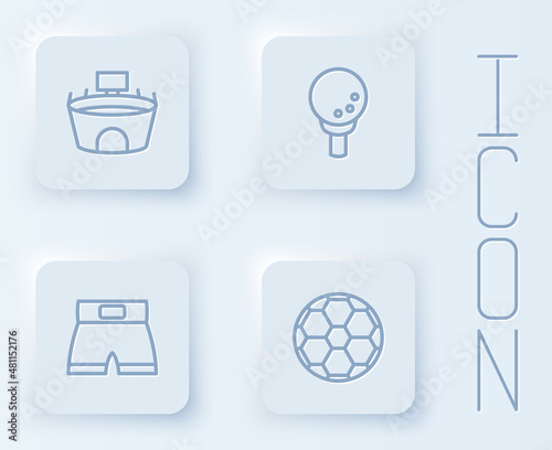 Set line Stadium, Golf ball on tee, Boxing short and Soccer football. White square button. Vector