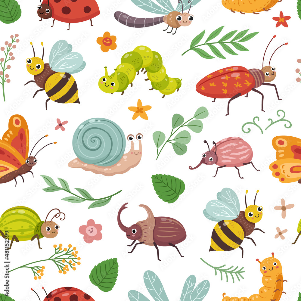Insect seamless pattern. Cartoon snail, bug and caterpillar. Childish print with beetle and flying butterfly. Garden nature animals neoteric vector background Insect seamless pattern. Cartoon snail, bug and caterpillar. Childish print with beetle and flying butterfly. Garden nature animals neoteric vector background