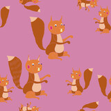 Seamless tylized  colored  squirrel . Hand drawn.
