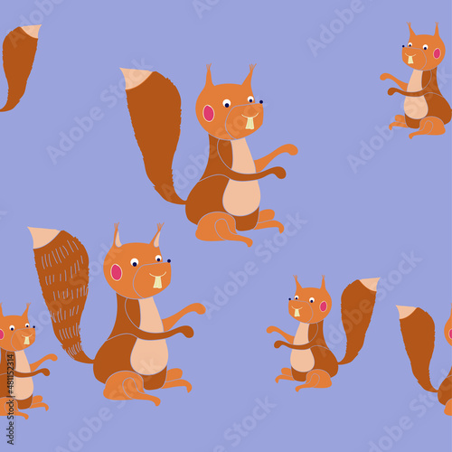 Horizontal stylized  colored  squirrel . Hand drawn.