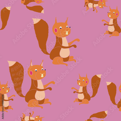 Seamless tylized colored squirrel . Hand drawn.