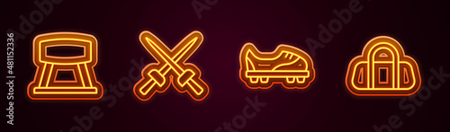 Set line Pommel horse, Fencing, Football shoes and Sport bag. Glowing neon icon. Vector