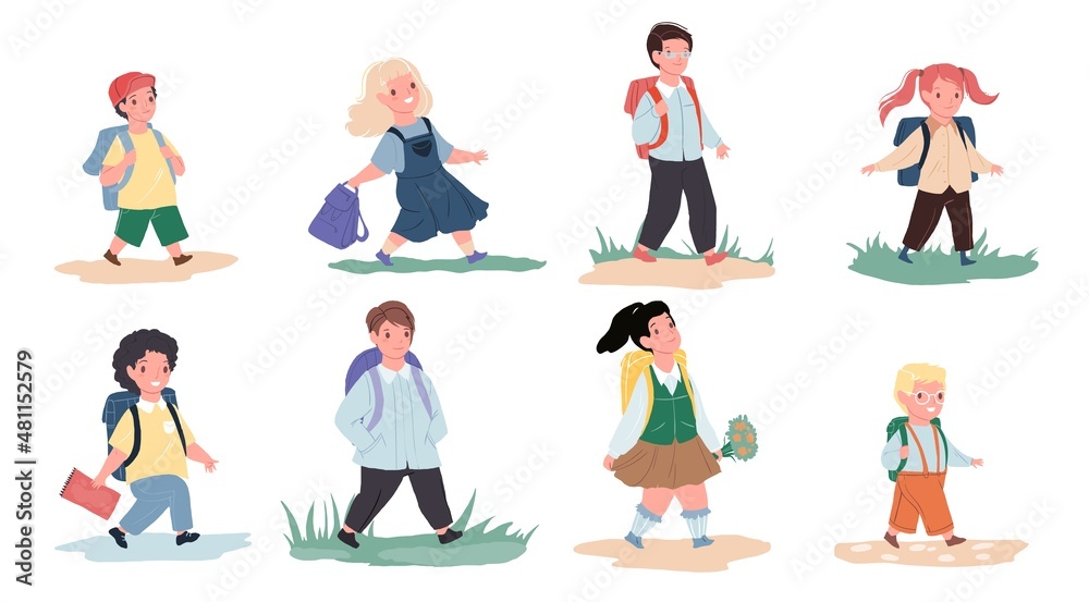 Set of vector cartoon flat kids characters going to school,boys and girls go to study in class-happy childhood,basic knowledge getting,primary education concept,web site banner ad design