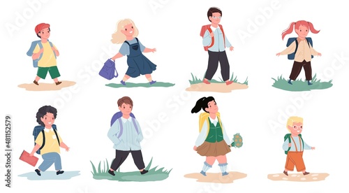 Set of vector cartoon flat kids characters going to school,boys and girls go to study in class-happy childhood,basic knowledge getting,primary education concept,web site banner ad design
