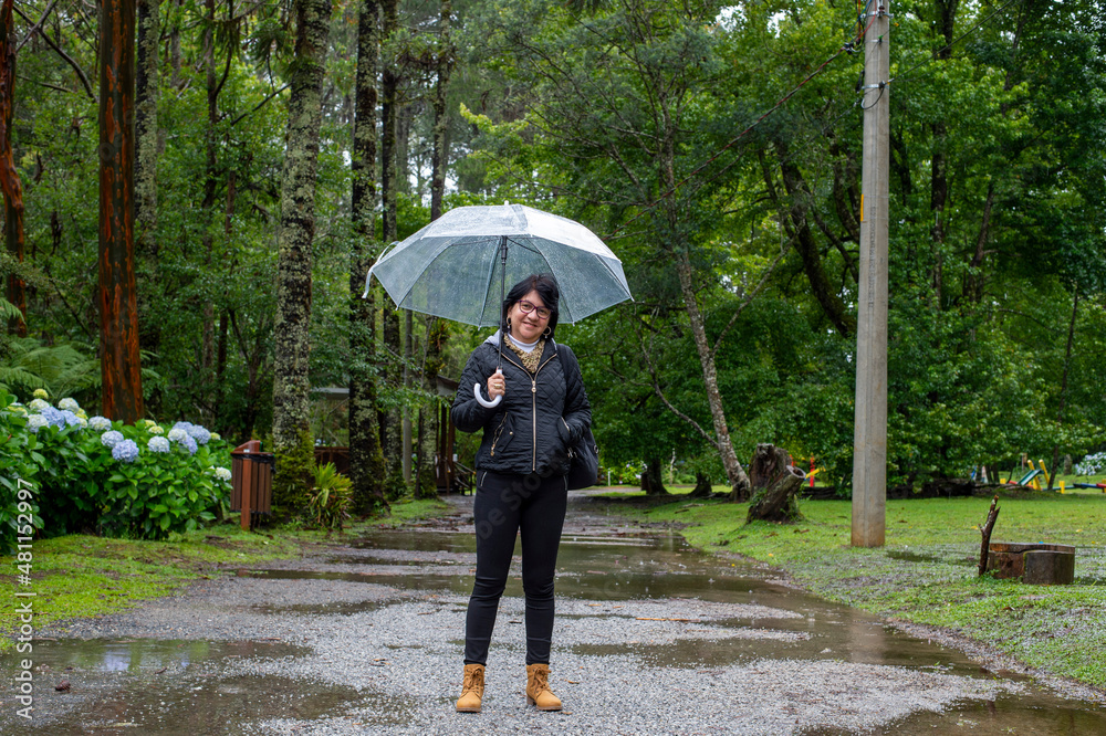 Mature woman holding transparent umbrella in the middle of nature i