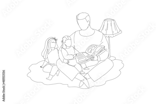 Dad reading to kid bedtime fairytale sitting on floor line vector illustration. Fathers day and happy family concept