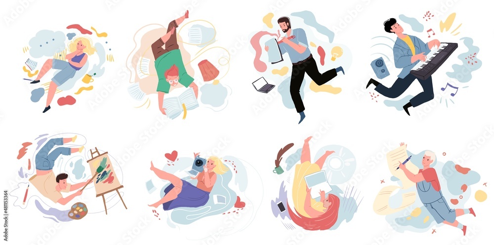 Set of vector cartoon characters in graphic metaphors for various hobbies-reading,music creation,drawing,photography,writing.Creative positive mind work,labor of love,hobby concept,web site design