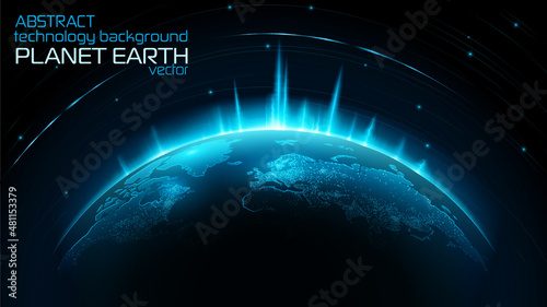 Vector. Map of the planet. World map. Global social network. Future. Blue futuristic background with planet Earth. Internet and technology. Floating blue plexus geometric background.