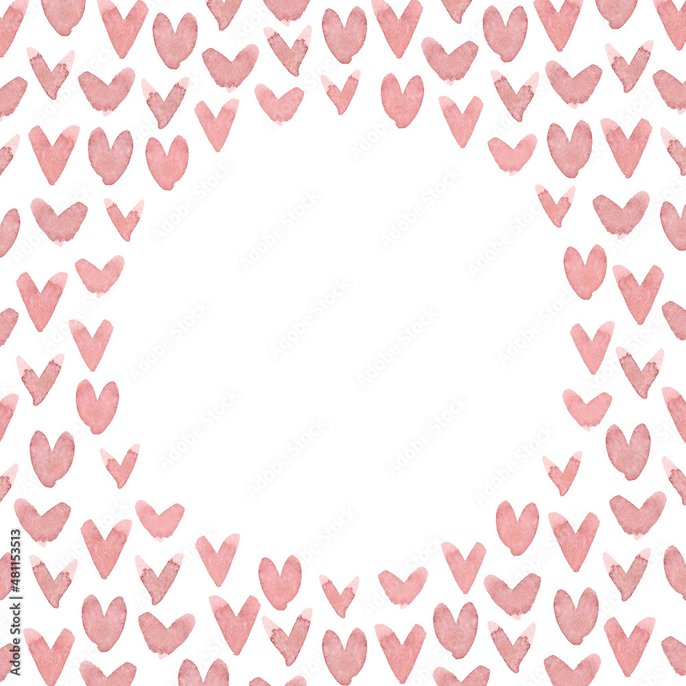 Watercolor frame with hearts isolated on white background.