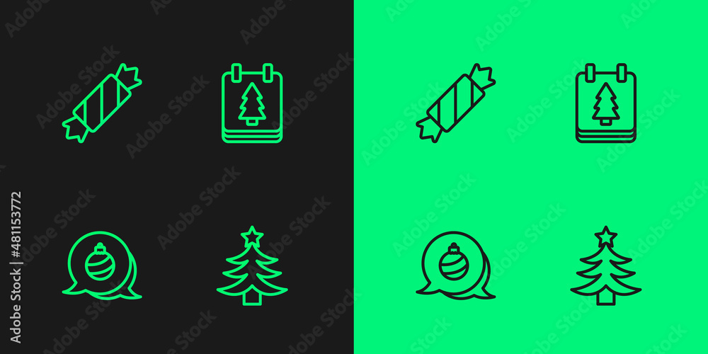 Set line Christmas tree, ball, Candy and day calendar icon. Vector Set line Christmas tree, ball, Candy and day calendar icon. Vector