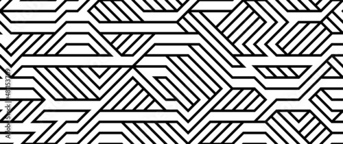 Tech style seamless linear pattern vector, monochrome circuit board lines endless background wallpaper image, black and white geometric design techno micro picture.