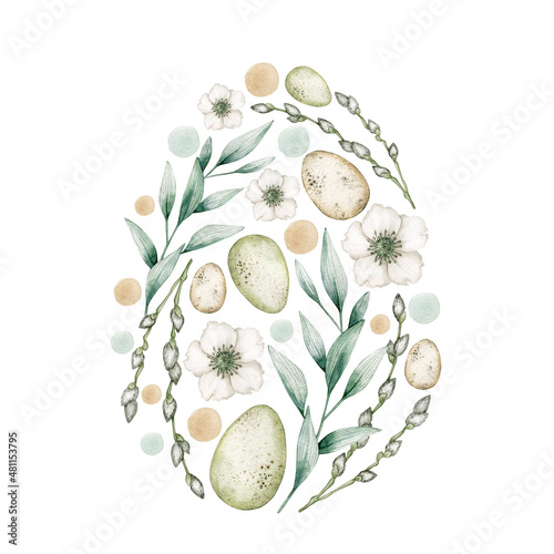 Canvas Print Watercolor illustration card happy easter with eggs, plants, willow