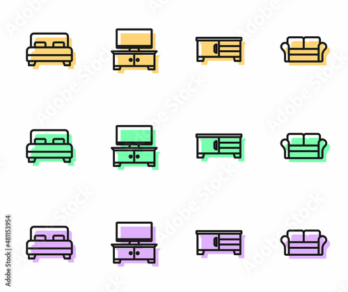 Set line TV table stand, Big bed, and Sofa icon. Vector
