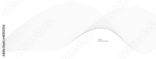 Grey dots in motion vector abstract background, particles array wavy flow, curve lines of points in movement, technology and science illustration.