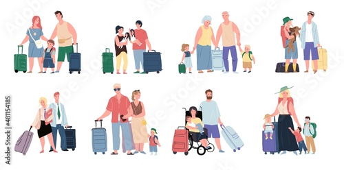 Set of vector cartoon flat happy families travelers characters,parents and kids with wheeled suitcases and other luggage-family tourism,vacation and travel concept,web site banner ad design