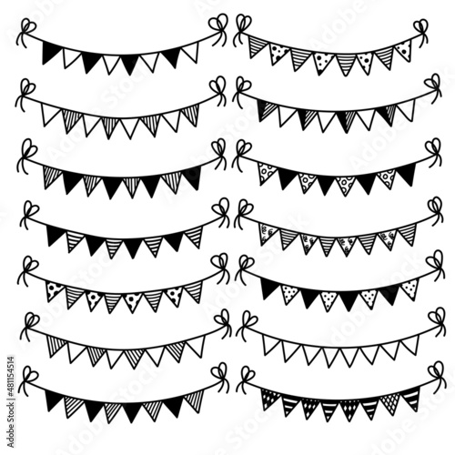 Freehand Handdrawn Bunting Flags And Decorations Set Pack. Premium Vector.