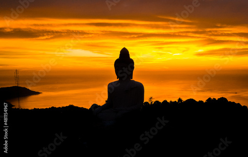 Aerial view of Big Buddha viewpoint at sunset in Phuket province, Thailand