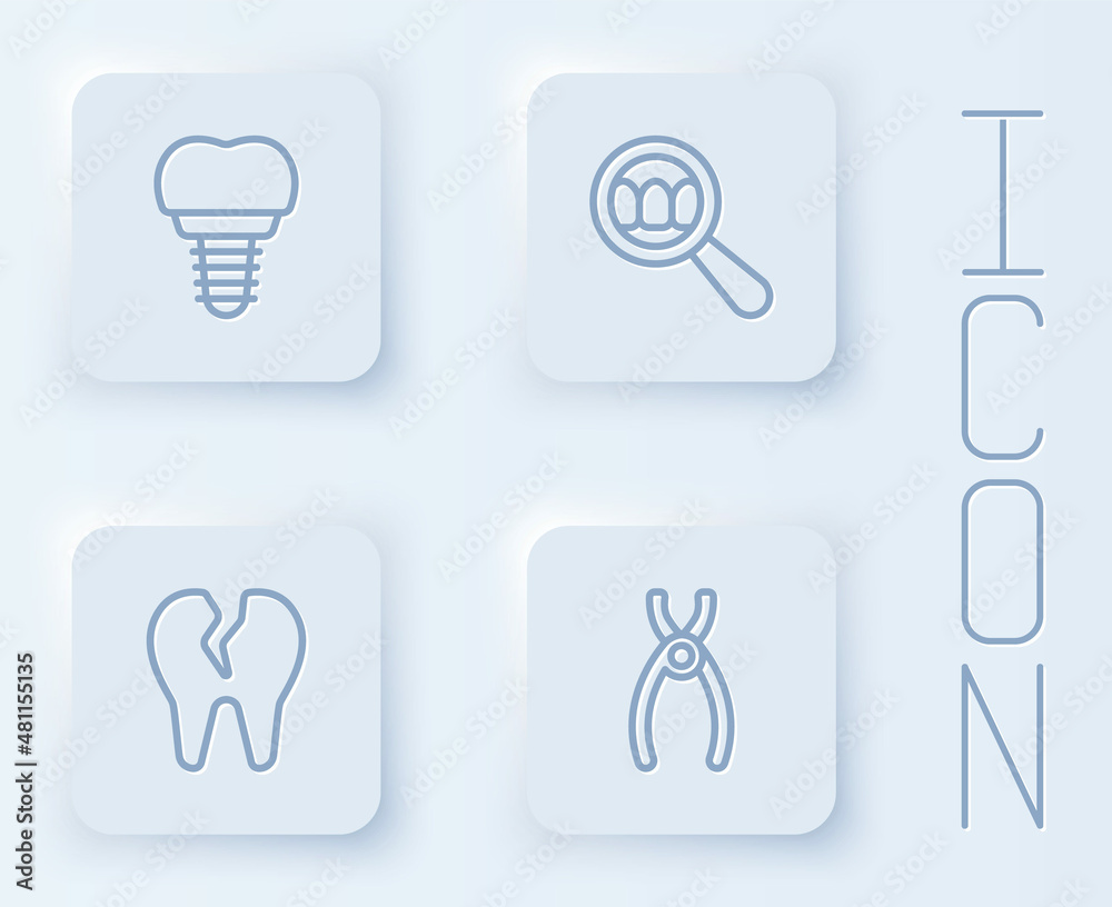 Set line Dental implant, search, Broken tooth and pliers. White square button. Vector Set line Dental implant, search, Broken tooth and pliers. White square button. Vector