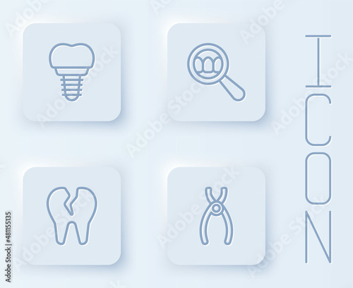 Set line Dental implant  search  Broken tooth and pliers. White square button. Vector