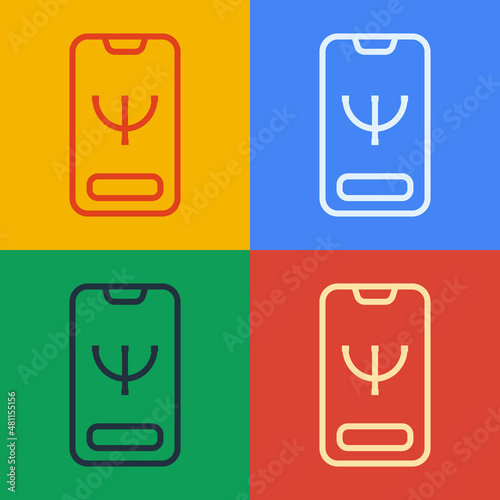 Pop art line Online psychological counseling distance icon isolated on color background. Psychotherapy, psychological help, psychiatrist online consulting. Vector