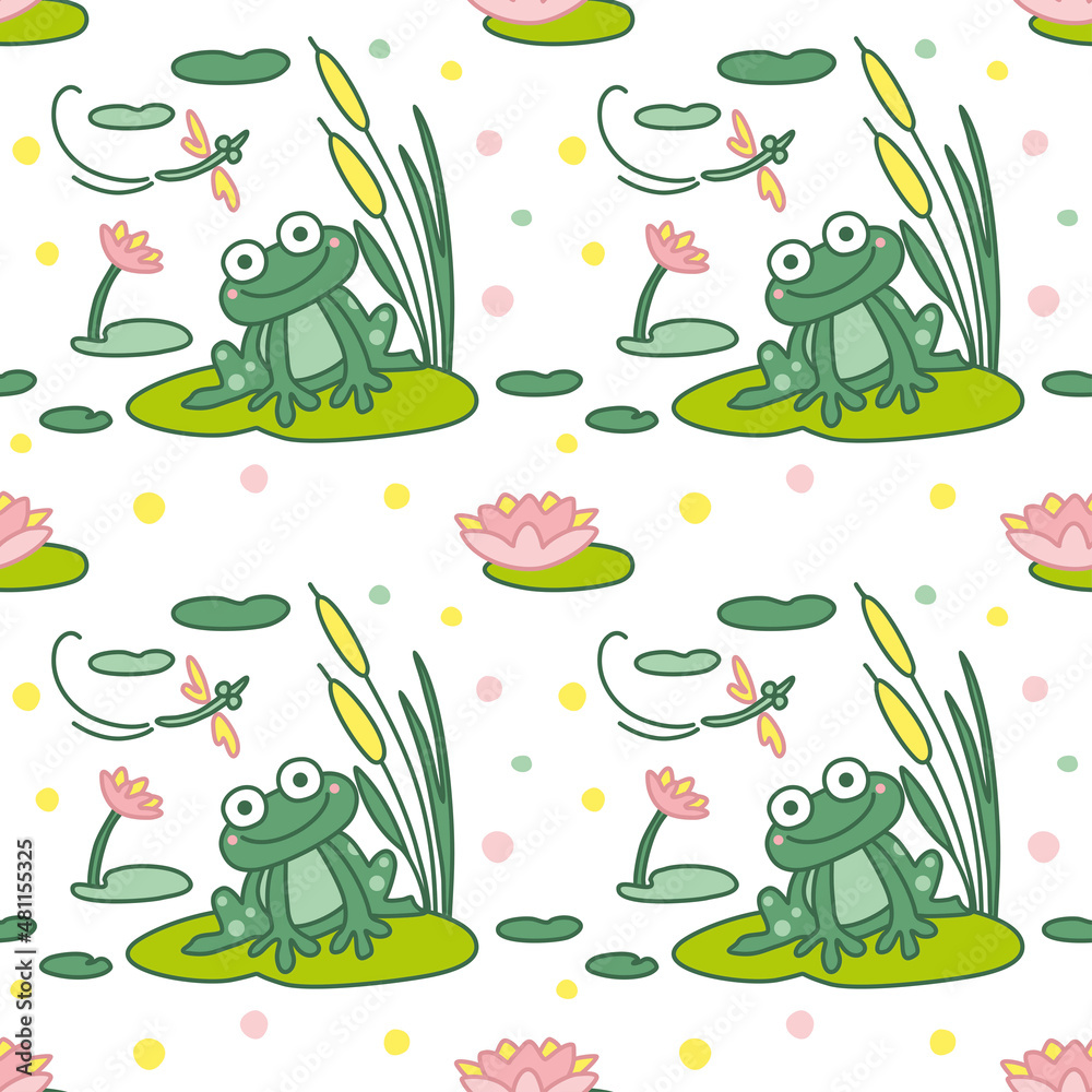 Fototapeta premium Funny frog lake and water lily pond pattern for kid products vector 