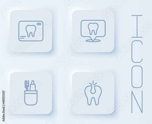 Set line X-ray of tooth  Dental clinic location  Toothbrush and toothpaste and Broken. White square button. Vector