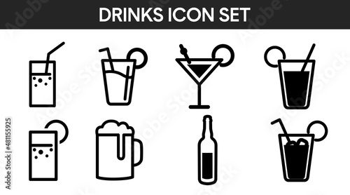 Drinks Icon Set. Vector isolated back and white set of different drinks