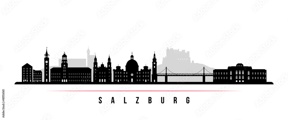 Fototapeta premium Salzburg skyline horizontal banner. Black and white silhouette of Salzburg, Austria. Vector template for your design.
