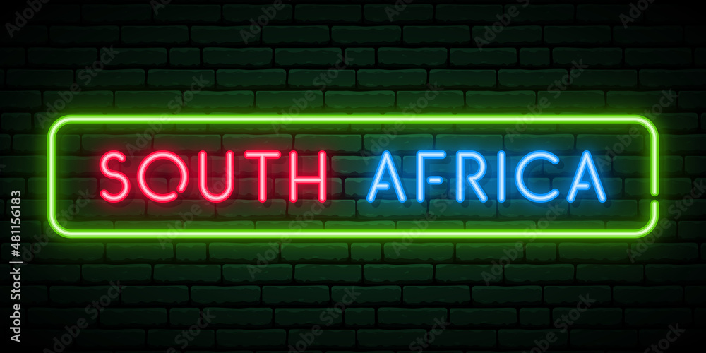 Obraz premium South Africa neon signboard. Bright light banner. Stock vector illustration.