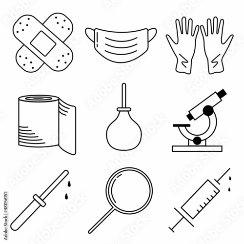 Medicine tools Line Icons. Editable Stroke. For Mobile and Web. Contains such icons as mask, plaster, gloves, bandage, enema, microscope, pipette, magnifier, syringe. Vector illustration in doodle