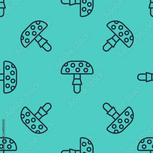 Black line Amanita muscaria or fly agaric hallucinogenic toadstool mushroom icon isolated seamless pattern on green background. Spotted poisonous mushroom. Vector