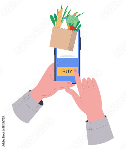 The concept of ordering groceries at home by phone through the application. Phone in hand. Buying food. Isolated on a white background. Flat vector illustration