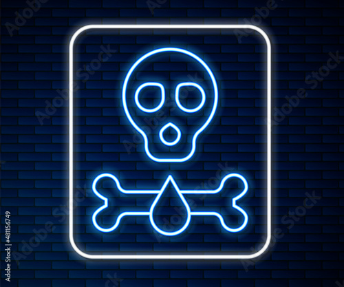 Glowing neon line Bones and skull as a sign of toxicity warning icon isolated on brick wall background. Vector